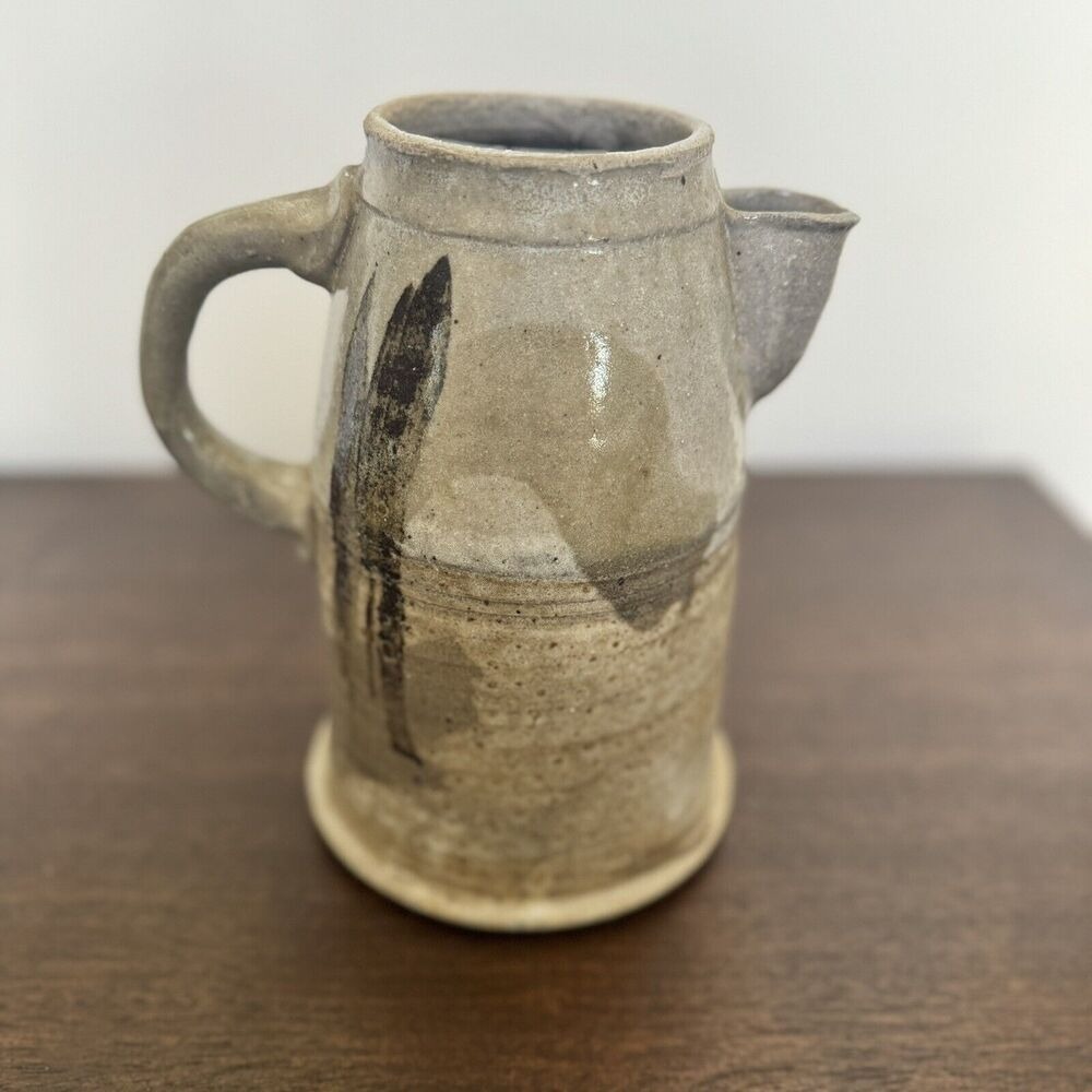 Vintage Studio Pottery Pitcher Signed Artisan Stoneware Glazed Ceramic Jug Vase